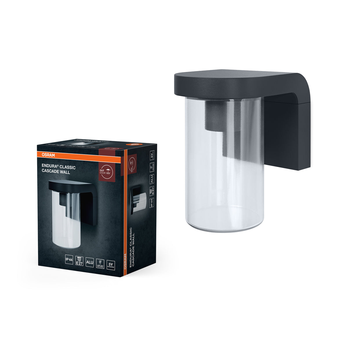 OSRAM Außenwandleuchte E27 Klarglas, modernes Design Aluminium in Dunkelgrau, IP44-Schutz, stoßfest IK03, Wandleuchte für Terrasse und Balkon