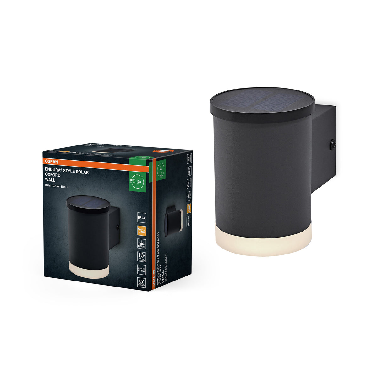 OSRAM ENDURA STYLE SOLAR OXFORD Außenleuchte, 0,5W, 50lm, Wandleuchte, dunkelgrau, indirekte Beleuchtung, wiederaufladbarer Akku, IP44 Schutzklasse, 3. 000K Farbtemperatur, warmweiße Lichtfarbe