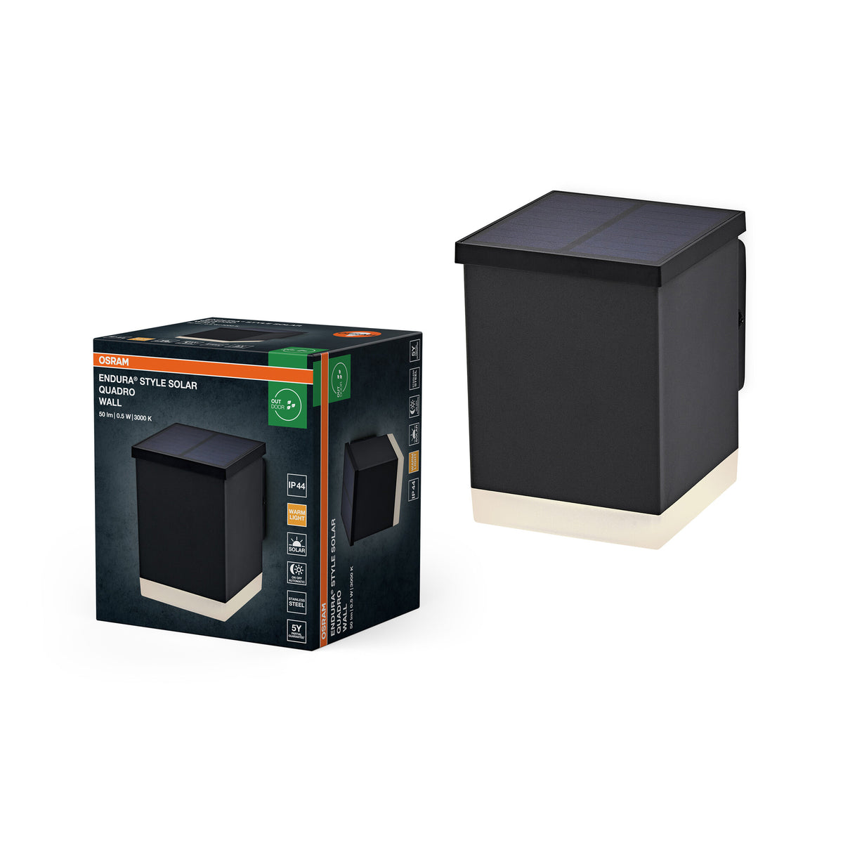 OSRAM ENDURA STYLE SOLAR WALL Außenleuchte, 0,5W, 50lm, Wandleuchte, dunkelgrau, indirekte Beleuchtung, wiederaufladbarer Akku, IP44 Schutzklasse, 3. 000K Farbtemperatur, warmweiße Lichtfarbe