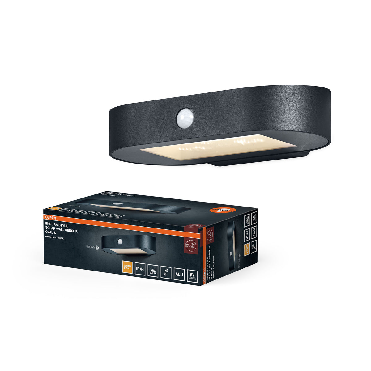 OSRAM ENDURA Style Kleine Oval Solar-Wandleuchte, warmweißes Licht (3000K), integrierter Sensor, ohne Strom nutzbar, lange Laufzeit: 30 Mal 60  Sekunden im PIR Modus, Schutzklasse IP44, schwarz