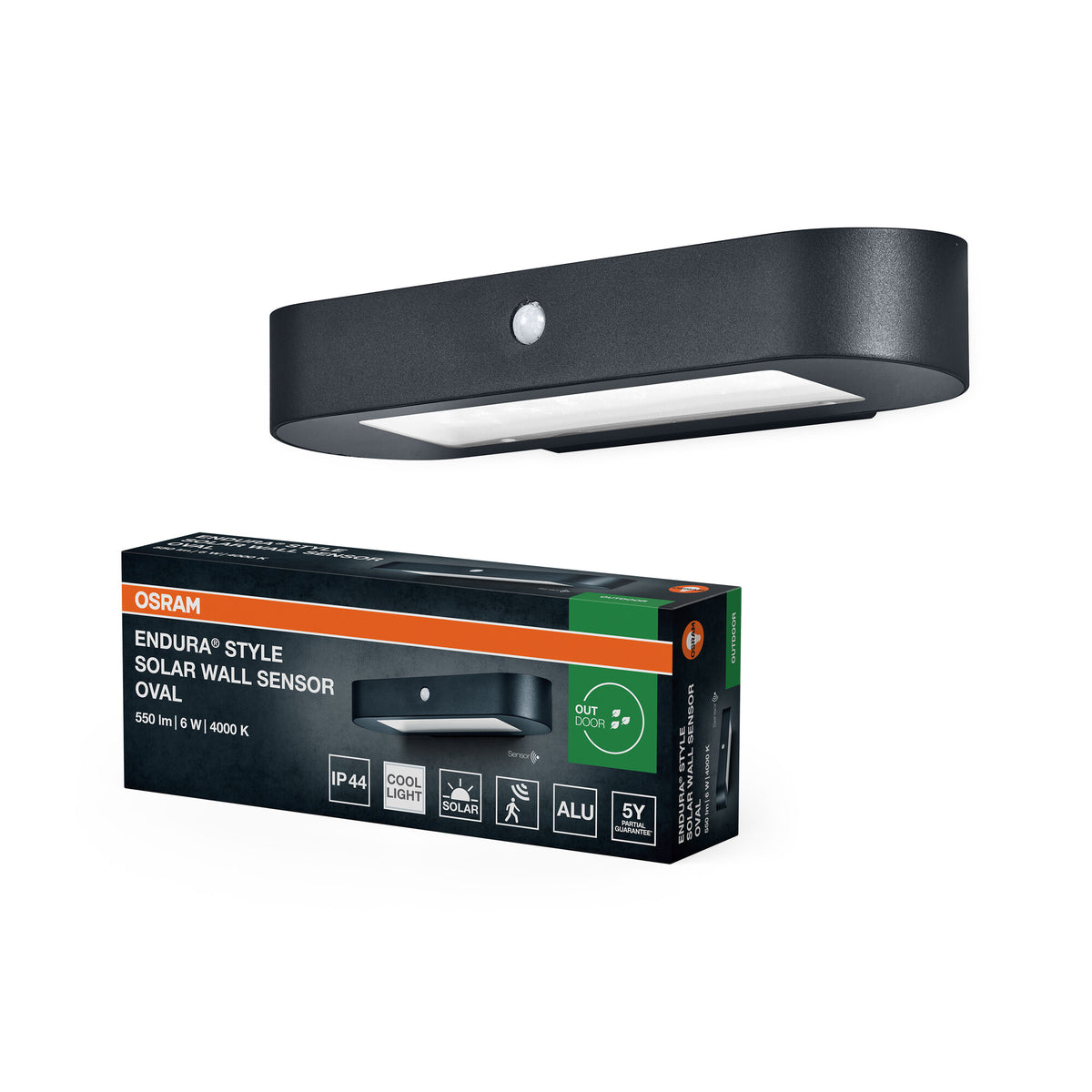 OSRAM ENDURA Style Oval Solar-Wandleuchte, kaltweißes Licht (4000K), integrierter Sensor, ohne Strom nutzbar, lange Batterielaufzeit: 30 Mal 60  Sekunden im PIR Modus, Schutzklasse IP44, schwarz