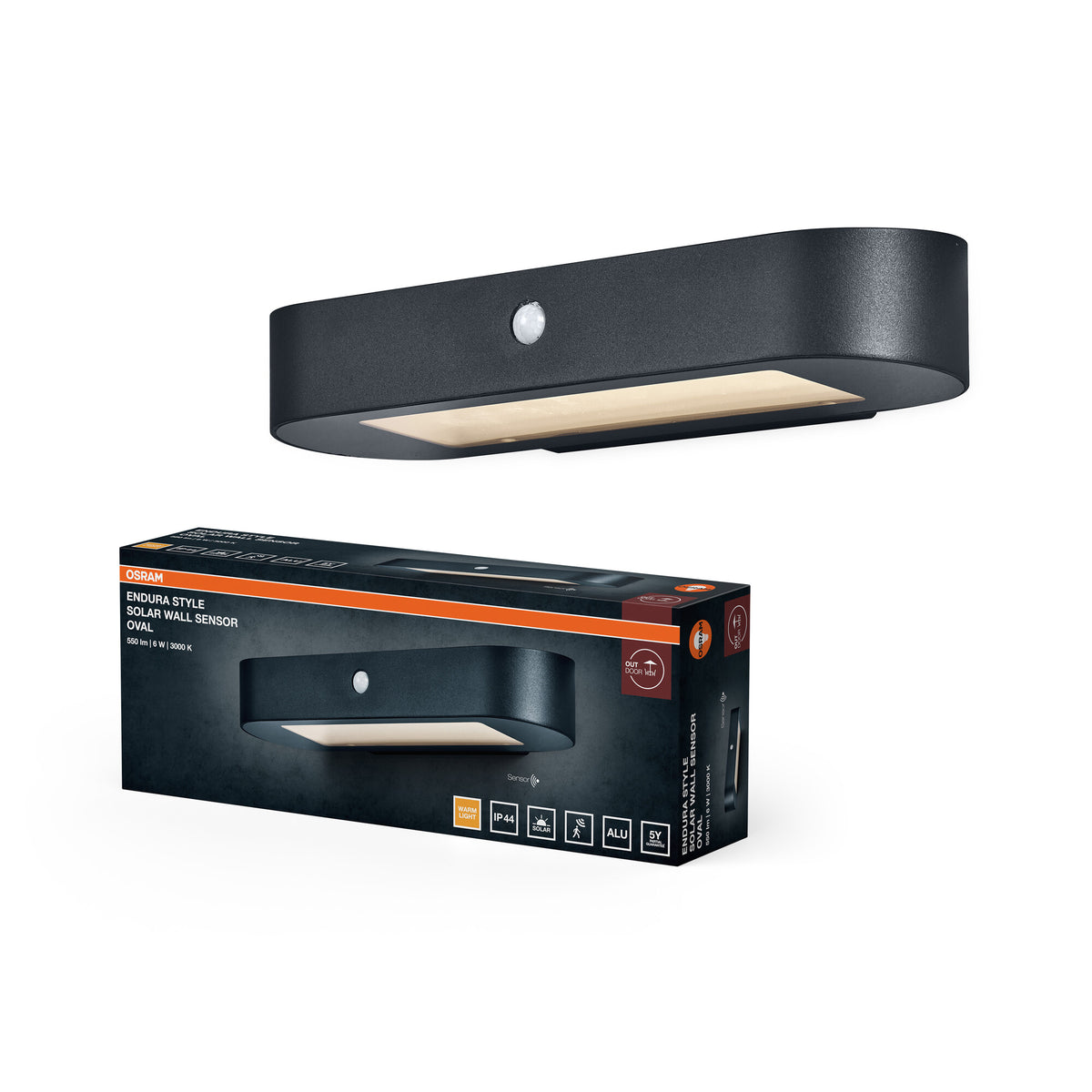 OSRAM ENDURA Style Oval Solar-Wandleuchte, warmweißes Licht (3000K), integrierter Sensor, ohne Strom nutzbar, lange Batterielaufzeit: 30 Mal 60 Sekunden im PIR Modus, Schutzklasse IP44, schwarz