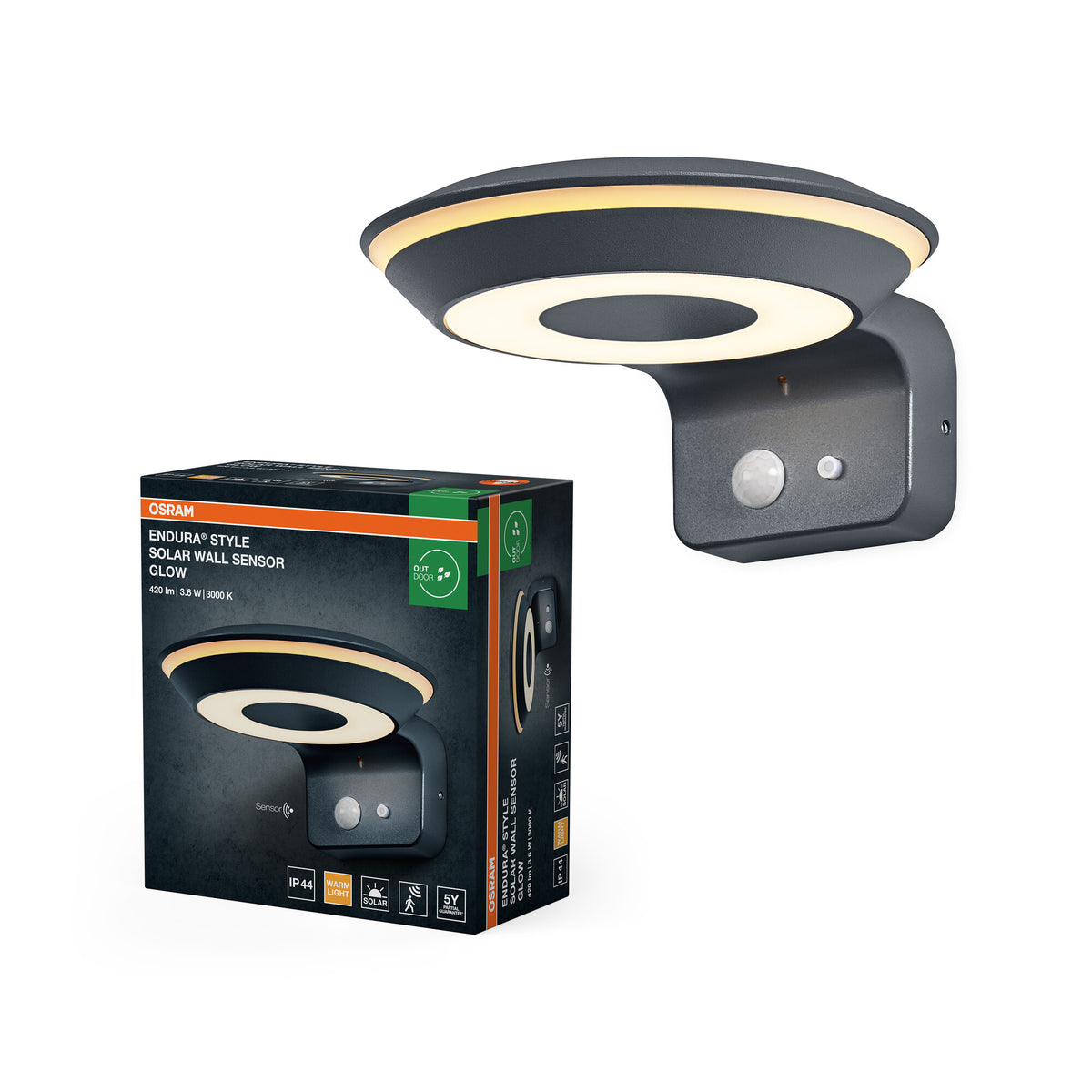 OSRAM ENDURA Style Solar-Wandleuchte Glow, zwei separat steuerbare Lichtringe, warmweißes Licht (3000K), integrierter Sensor, ohne Strom nutzbar, Schutzklasse IP44, dunkelgrau