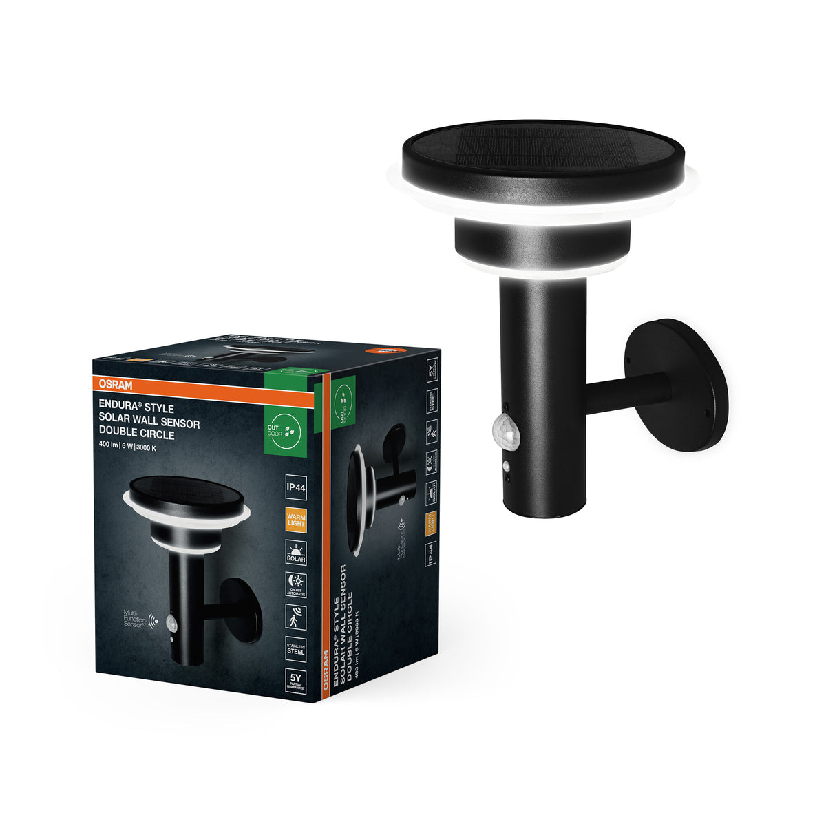 OSRAM ENDURA Style Solar Außenbeleuchtung, Schwarz, Edelstahl, IP44, Bewegungs- und Tageslichtsensor, solarbetrieben, ideal für Terrassen und Eingänge