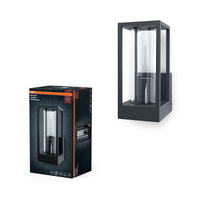 OSRAM Außenwandleuchte E27, Aluminium, klares Glas, IP44, dunkelgrau, rechteckiges Design, 140 x 110 x 245 mm, Montagematerial inklusive