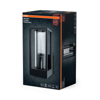 OSRAM Außenwandleuchte E27, Aluminium, klares Glas, IP44, dunkelgrau, rechteckiges Design, 140 x 110 x 245 mm, Montagematerial inklusive