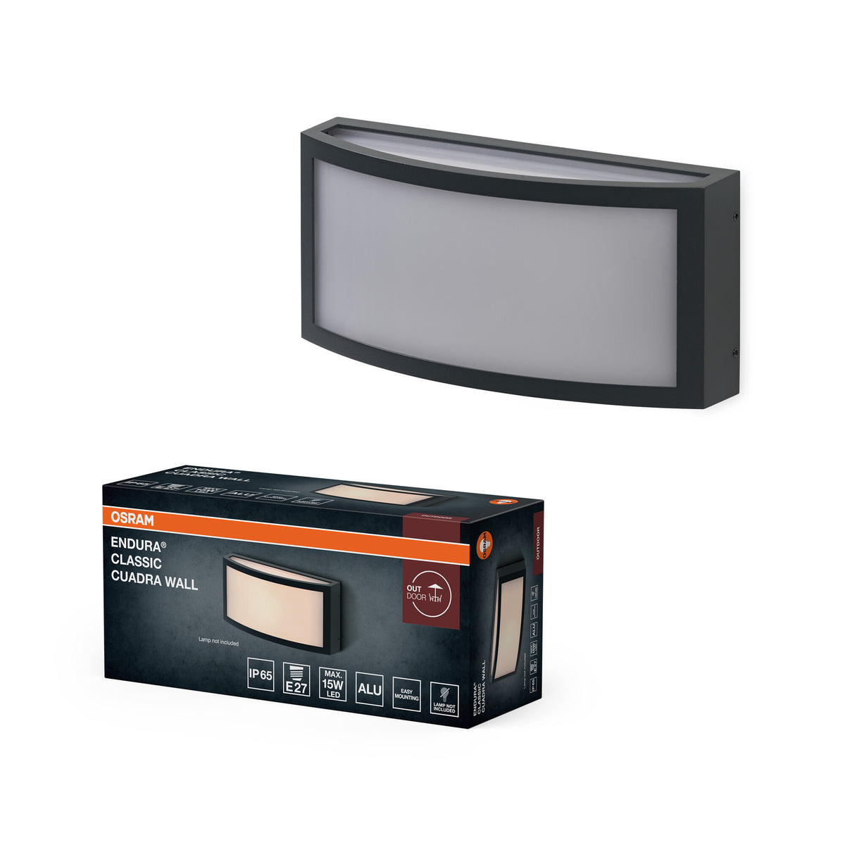 OSRAM ENDURA CLASSIC CUADRA Außenleuchte, Wandleuchte, E27-Fassung, dunkelgrau, Aluminium, schnelle & einfache Installation, mattierter Diffusor, IP65 Schutzklasse, Anwendung im Außenbereich