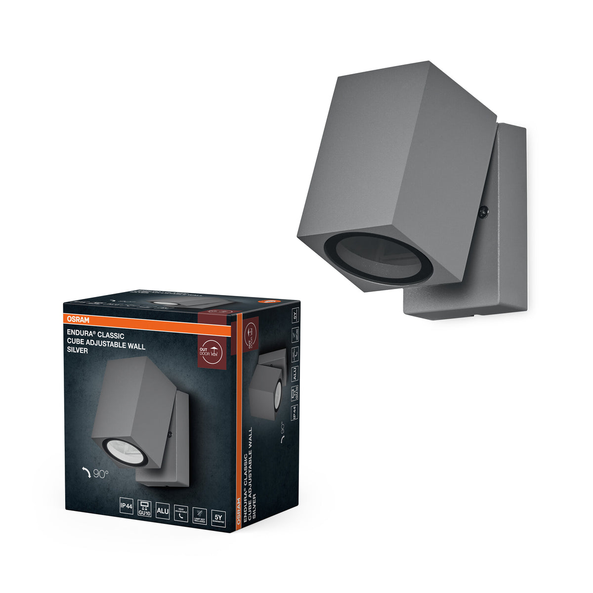 OSRAM ENDURA Classic Cube ADJ WALL Außen-Wandleuchte, silber, GU10-Sockel (max 35W), kann mit einfacher oder smarter Lampe bestückt werden, ausrichtbarer Leuchtenkopf, Schutzklasse IP44