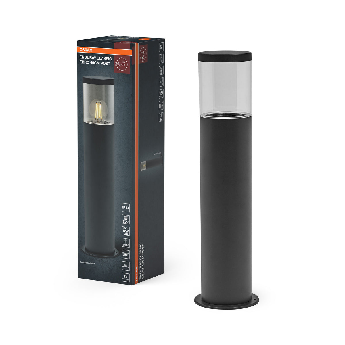 OSRAM ENDURA CLASSIC EBRO Außenleuchte, Wandleuchte, dunkelgrau, 49 cm, Edelstahl, einfache & schnelle Installation, IP44 Schutzklasse, Gehäuse aus rostfreiem Stahl