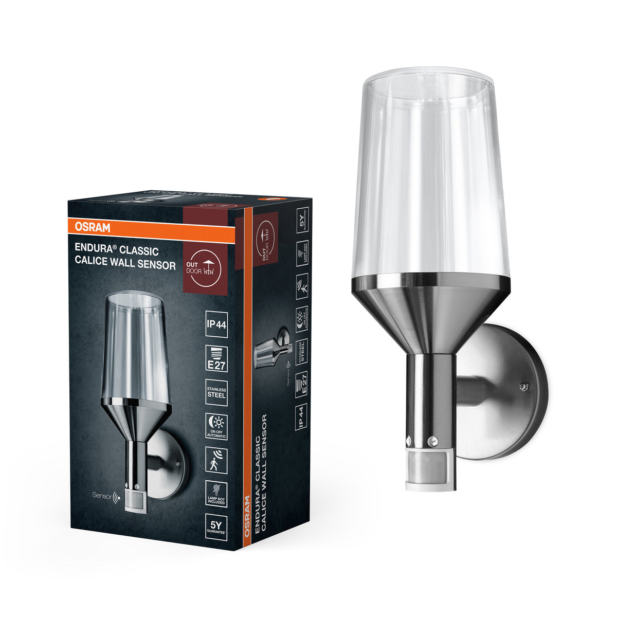 OSRAM ENDURA Classic Calice Sensor-Wandleuchte in moderner Edelstahloptik mit Glasdiffusor, E27, IP44-Schutz, für Auffahrt- und Wegbeleuchtung