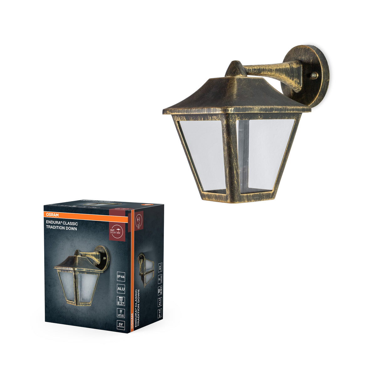 OSRAM ENDURA Classic Wandleuchte, E27-Fassung, IP44, Aluminiumdruckguss, Schwarz-Gold, max. 60 Watt, geeignet für Außenbereiche