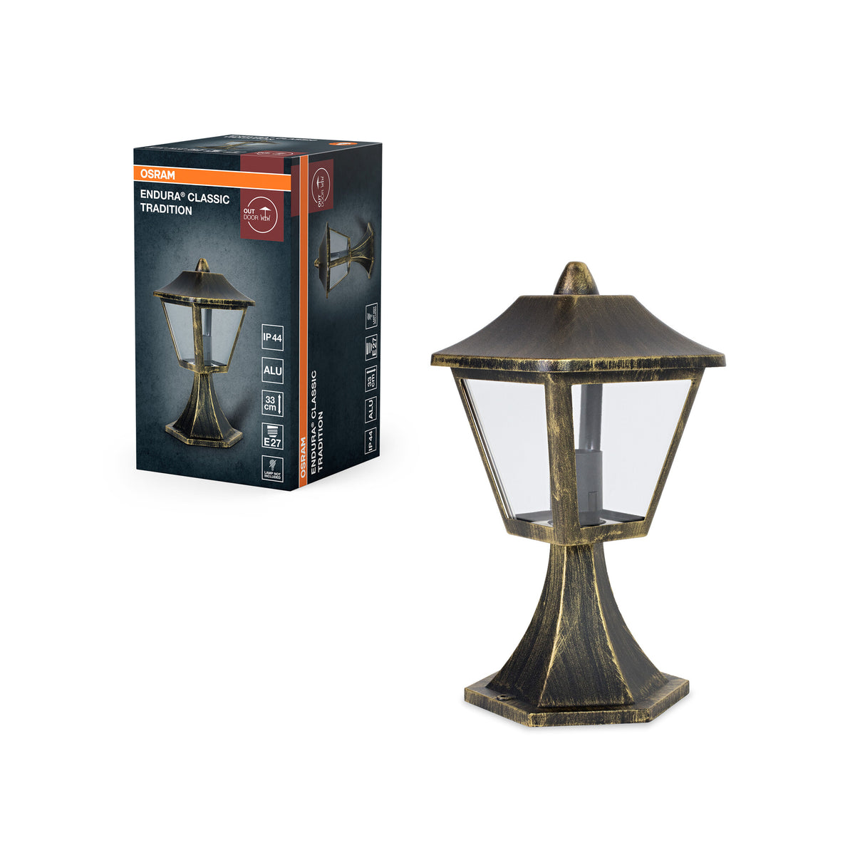 OSRAM ENDURA Classic Außenleuchte mit Aluminiumgehäuse, Schwarz-Gold, E27-Fassung, IP44, 33 cm Höhe, ohne Leuchtmittel, ideal für Außenbereiche