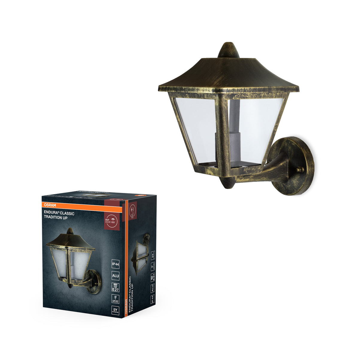 OSRAM ENDURA Classic Wandleuchte für Außenbereiche, Alu Schwarz-Gold, E27, IP44, geeignet für Leuchtmittel bis max. 60 W, ohne Leuchtmittel