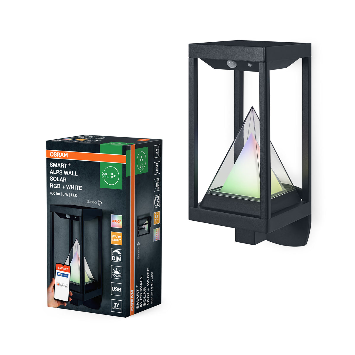 OSRAM SMART+ Outdoor Bluetooth Solar-Wandleuchte, mit warmweißem (3000K) und Farblicht, ohne Strom nutzbar, bis 2,5 Stunden Brenndauer bei 100% Licht, wiederaufladbar mit USB-C Kabel, IP44, Sensor