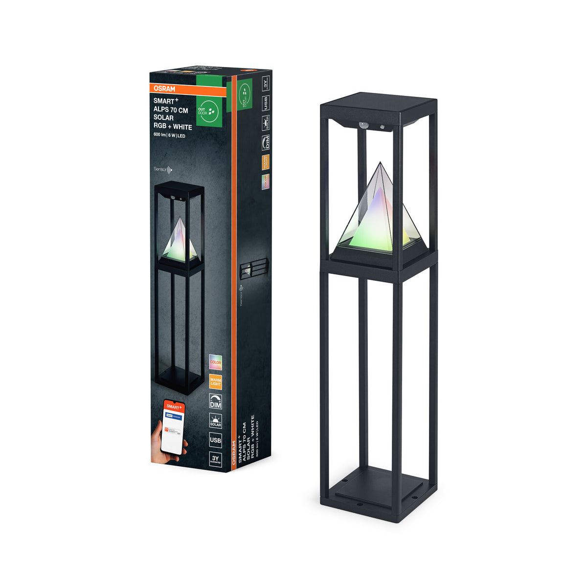 OSRAM SMART+ Outdoor Bluetooth Solar-Wegeleuchte, mit warmweißem (3000K) und Farblicht, ohne Strom nutzbar, bis 2,5 Stunden Brenndauer bei 100% Licht, wiederaufladbar mit USB-C Kabel, IP44, schwarz