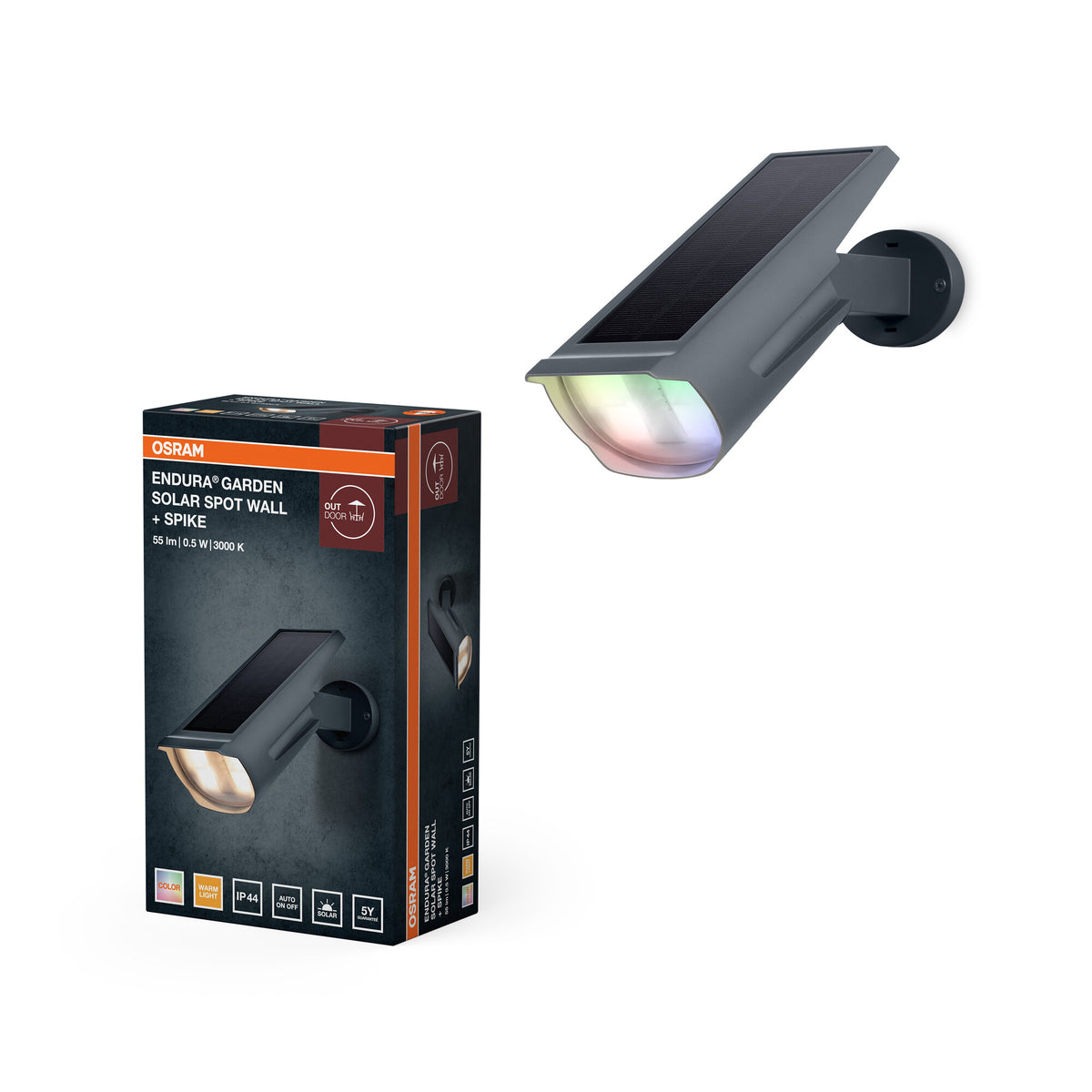 OSRAM Solar-Spot RGB & Warmweiß mit Erdspieß und Wandhalterung, Tageslichtsensor, IP44-Schutz, solarbetriebener Strahler für Garten und Terrasse