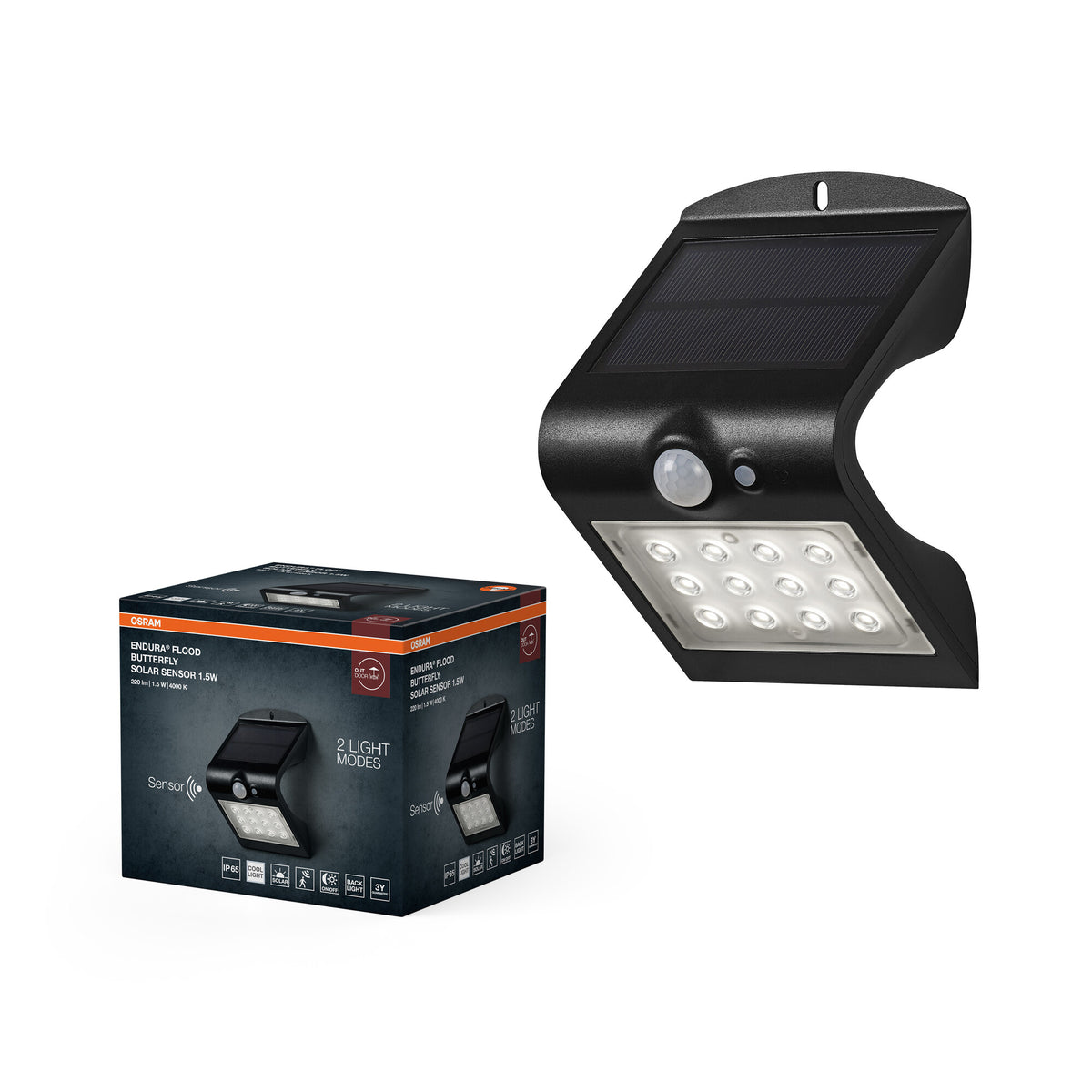 OSRAM ENDURA BUTTERFLY Solar-Flutlicht, schwarz, 1,5W, 200lm, Bewegungs- & Lichtsensor, Outdoor-Leuchte, Batterie aufladbar, lange Lebensdauer, einfache Montage, IP65, 4000K