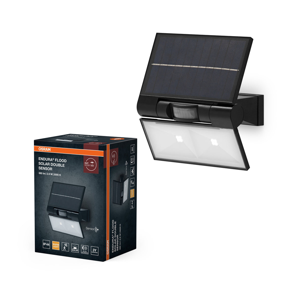 OSRAM ENDURA Solar-Outdoor-Flutlichter mit Tageslicht- und Bewegungsmelder in Dunkelgrau, IP44-Schutz, Ersatz für Halogenlampenfluter