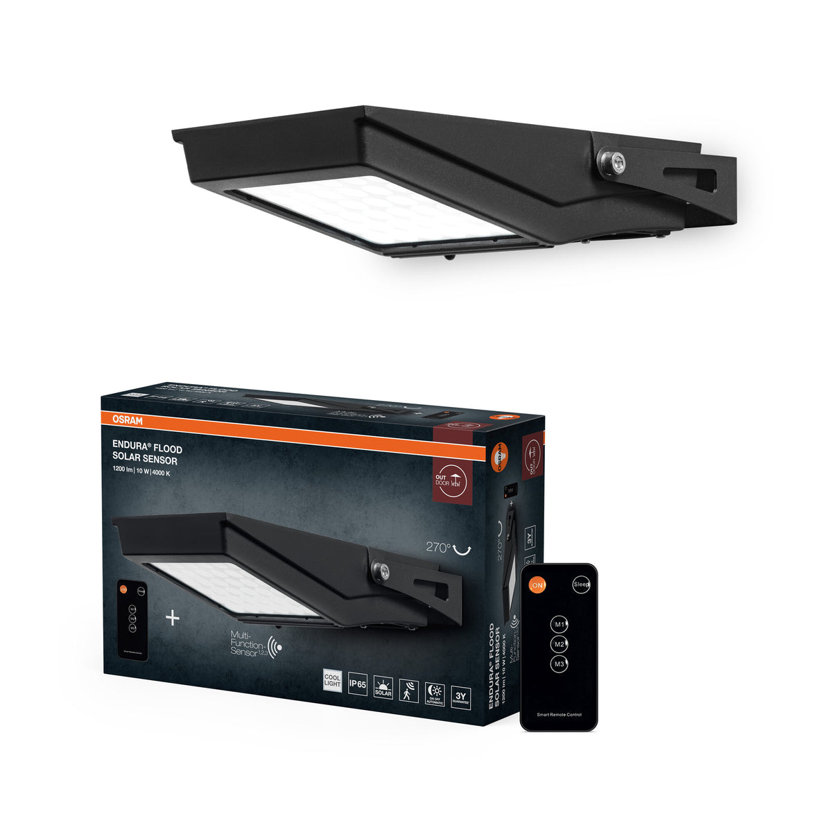 OSRAM ENDURA LED-Flutlicht Flood Solar, 10W, solarbetrieben, eingebauter Sensor, kaltweißes Licht, Fernbedienung, lange Batterielaufzeit bis zu vier Stunden bei voller Helligkeit, Schutzklasse IP65