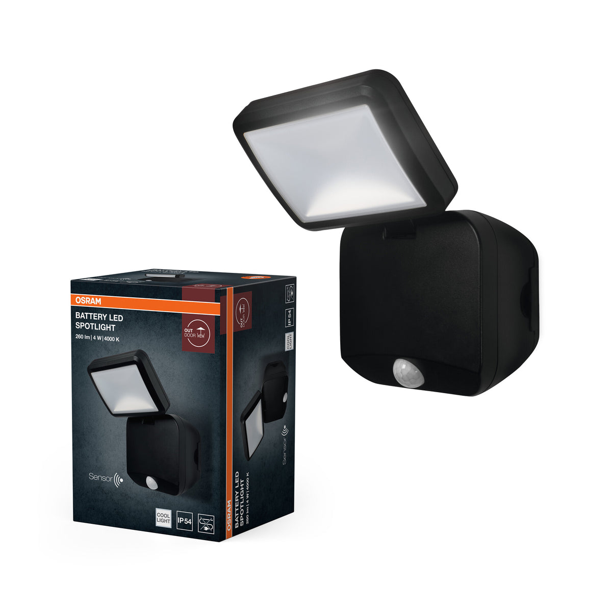 OSRAM Außenleuchte, Battery LED Spotlight, Schwarz, 4W, 4000K, IP54, Bewegungs- und Lichtsensor, batteriebetrieben, einfache Montage, 260 lm