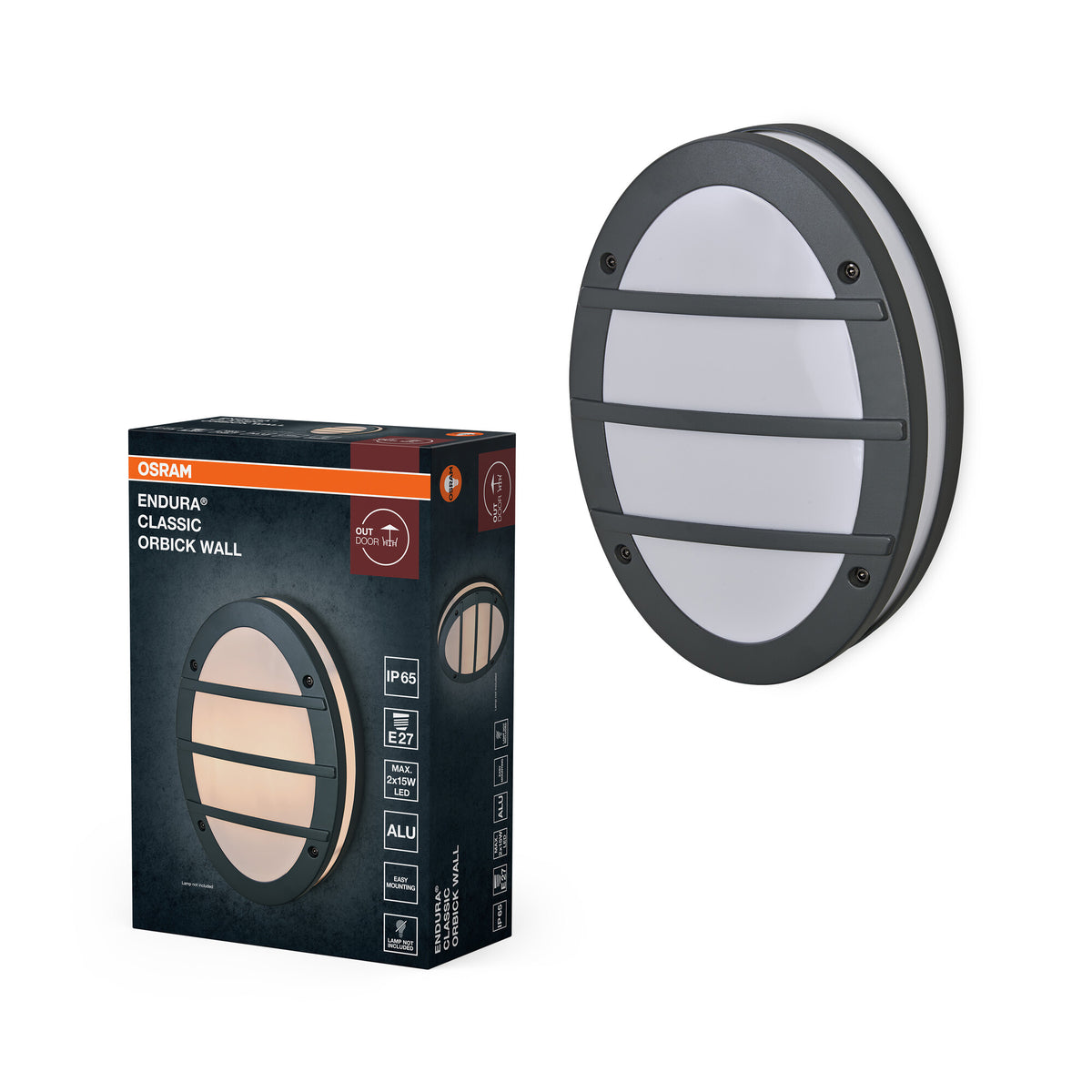 OSRAM ENDURA CLASSIC ORBICK W Außenleuchte, Wandleuchte, E27-Fassung, dunkelgrau, Aluminium, schnelle & einfache Installation, mattierter Diffusor, IP65 Schutzklasse, Anwendung im Außenbereich