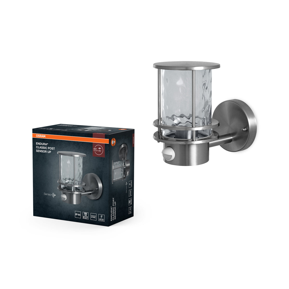OSRAM ENDURA Classic Außenleuchte mit Bewegungssensor, IP44, Edelstahl in Stahlgrau, E27-Fassung, Leuchtmittel nicht im Lieferumfang enthalten