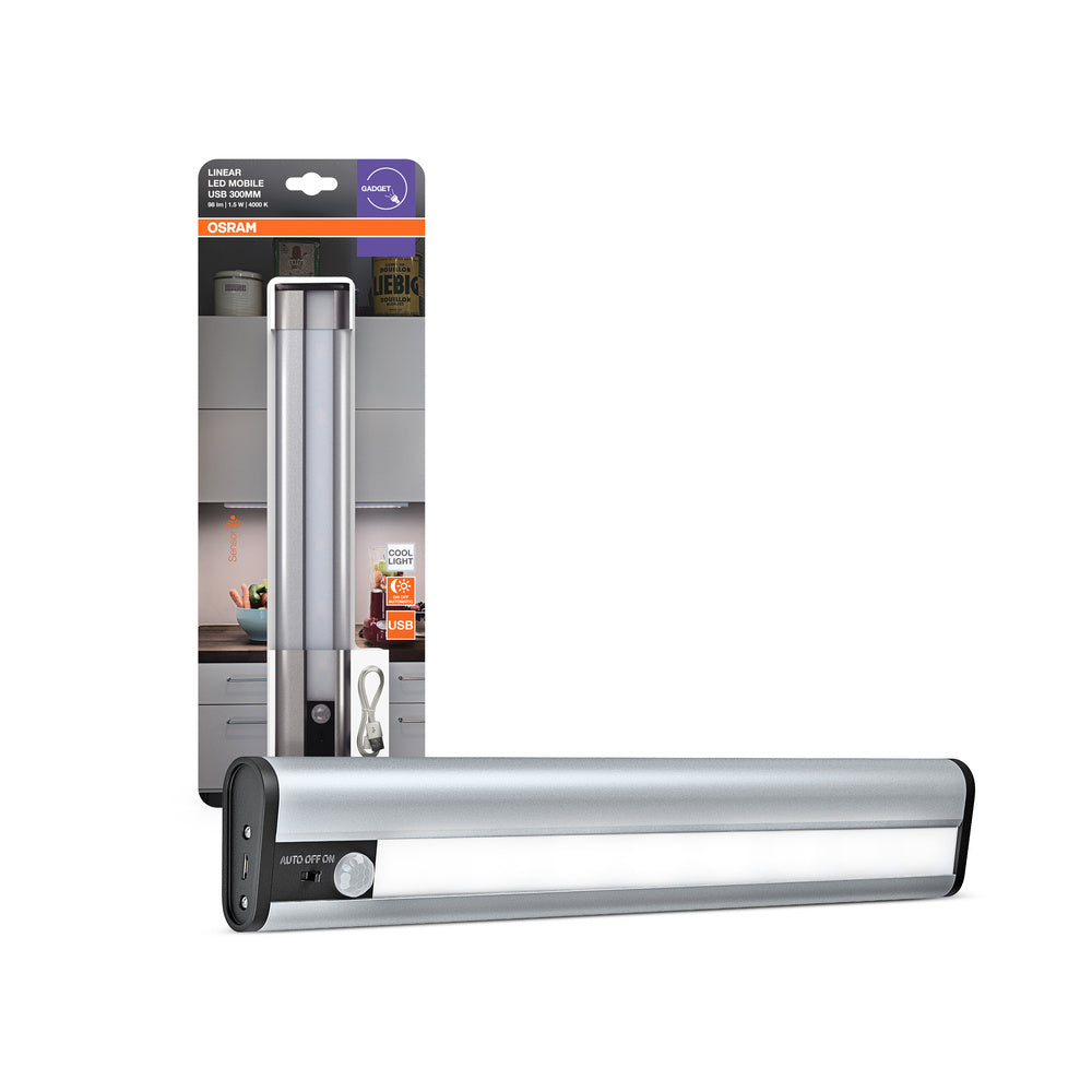 OSRAM LED Batteriebetriebene Leuchte, Leuchte für Innenanwendungen, Bewegungssensor, Tag-Nacht-Sensor, Kaltweiß, 300,0 mm x 50,0 mm x 22,0 mm, Linear LED Mobile USB