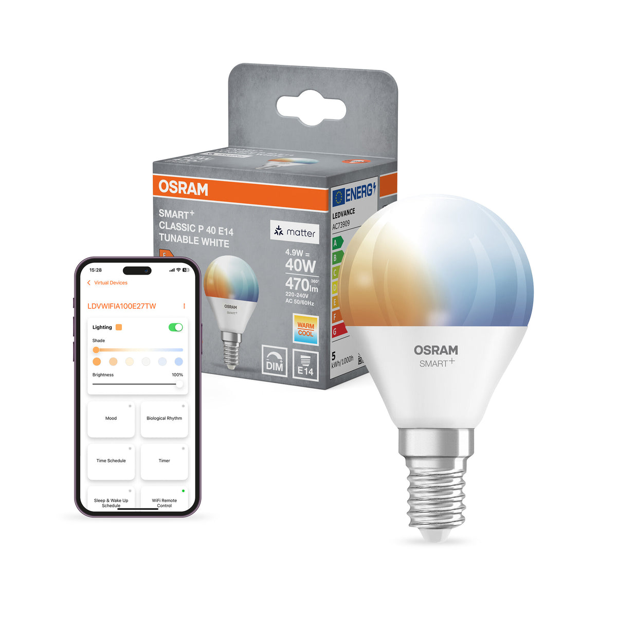 OSRAM SMART+ MATTER Classic shapes Tunable white in P-Form, LED-Lampe, Matt, 4,9 W, 470 lm, von 2700 bis 6500 K, Matter, Smartspeaker-Kompatibel, Dimmbar