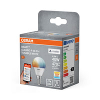 OSRAM SMART+ MATTER Classic shapes Tunable white in P-Form, LED-Lampe, Matt, 4,9 W, 470 lm, von 2700 bis 6500 K, Matter, Smartspeaker-Kompatibel, Dimmbar