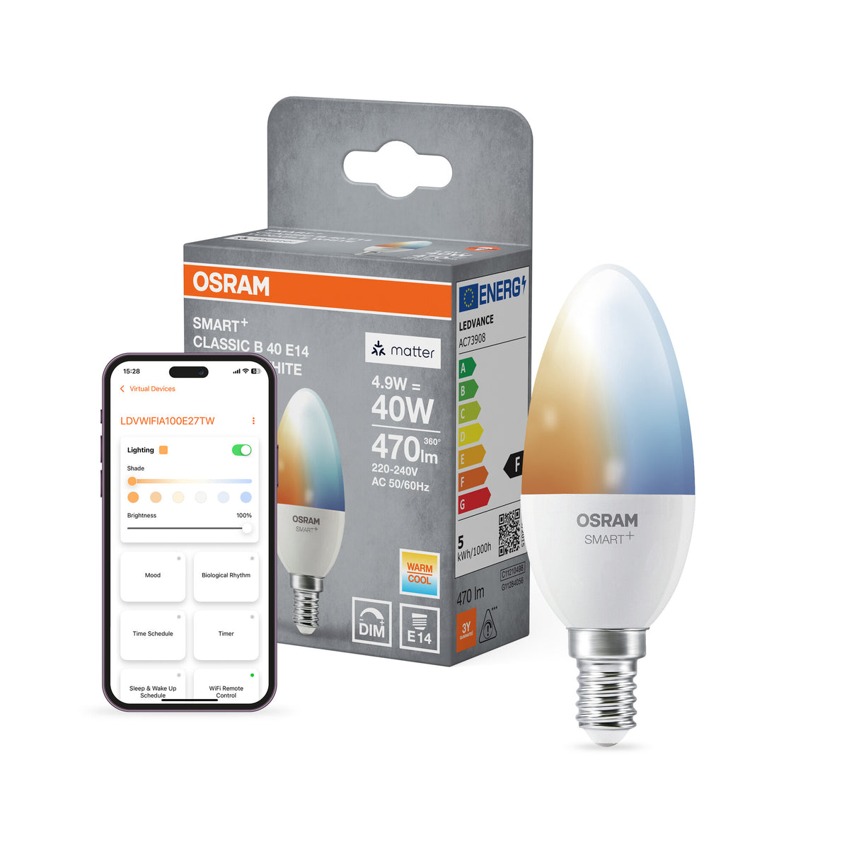 OSRAM SMART+ MATTER Classic shapes Tunable white in B-Form, LED-Lampe, Matt, 4,9 W, 470 lm, von 2700 bis 6500 K, Matter, Smartspeaker-Kompatibel, Dimmbar