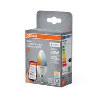 OSRAM SMART+ MATTER Classic shapes Tunable white in B-Form, LED-Lampe, Matt, 4,9 W, 470 lm, von 2700 bis 6500 K, Matter, Smartspeaker-Kompatibel, Dimmbar