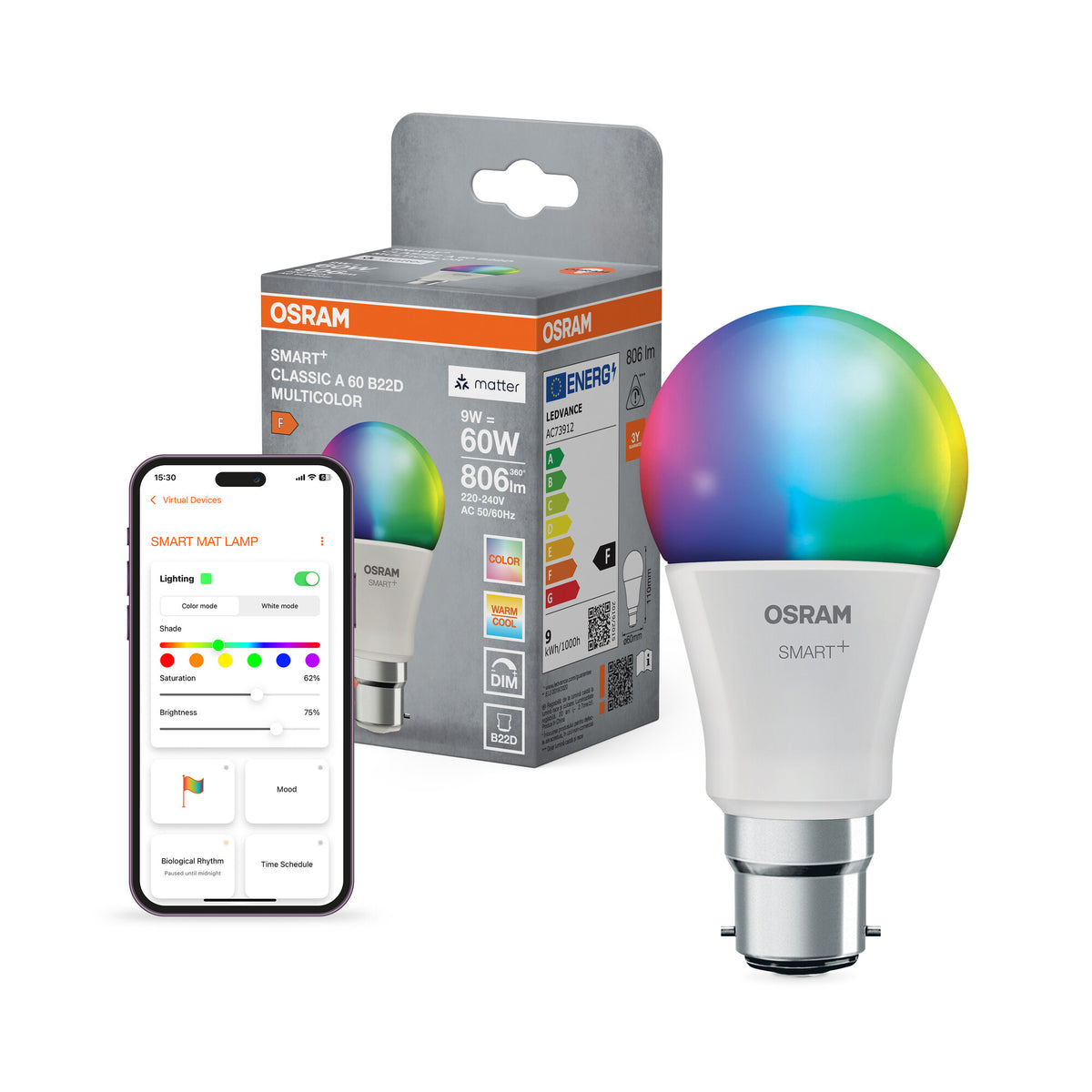 OSRAM SMART+ MATTER Classic shapes Multicolor in A-Form, LED-Lampe, Matt, 9 W, 806 lm, von 2700 bis 6500 K, Matter, Smartspeaker-Kompatibel, Dimmbar