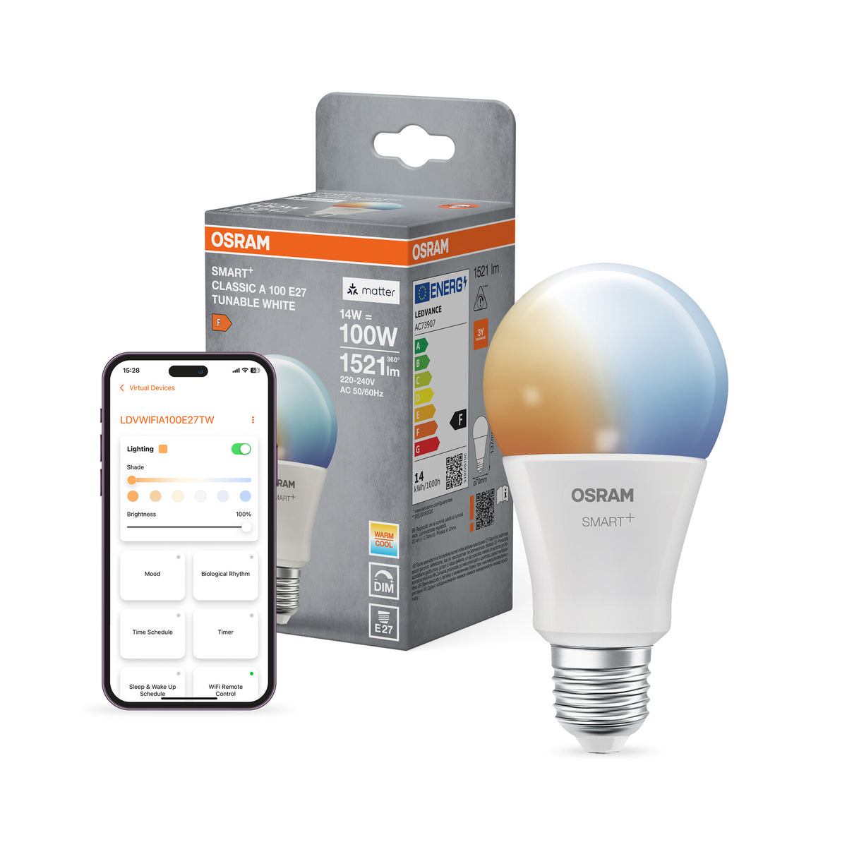 OSRAM SMART+ MATTER Classic shapes Tunable white in A-Form, LED-Lampe, Matt, 14 W, 1521 lm, von 2700 bis 6500 K, Matter, Smartspeaker-Kompatibel, Dimmbar
