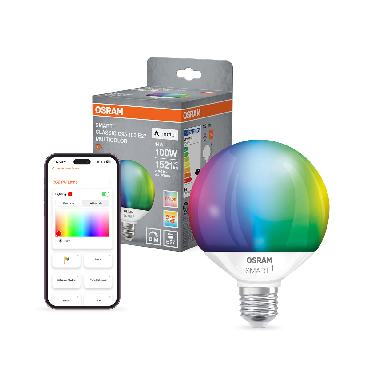 OSRAM SMART+ MATTER Classic shapes Multicolor in Globus-Form, LED-Lampe, Matt, 14 W, 1521 lm, von 2700 bis 6500 K, Matter, Smartspeaker-Kompatibel, Dimmbar