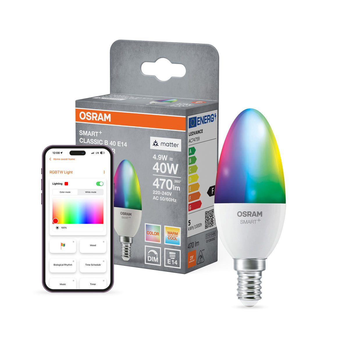 OSRAM SMART+ MATTER Classic shapes Multicolor in B-Form, LED-Lampe, Matt, 4,9 W, 470 lm, von 2700 bis 6500 K, Matter, Smartspeaker-Kompatibel, Dimmbar