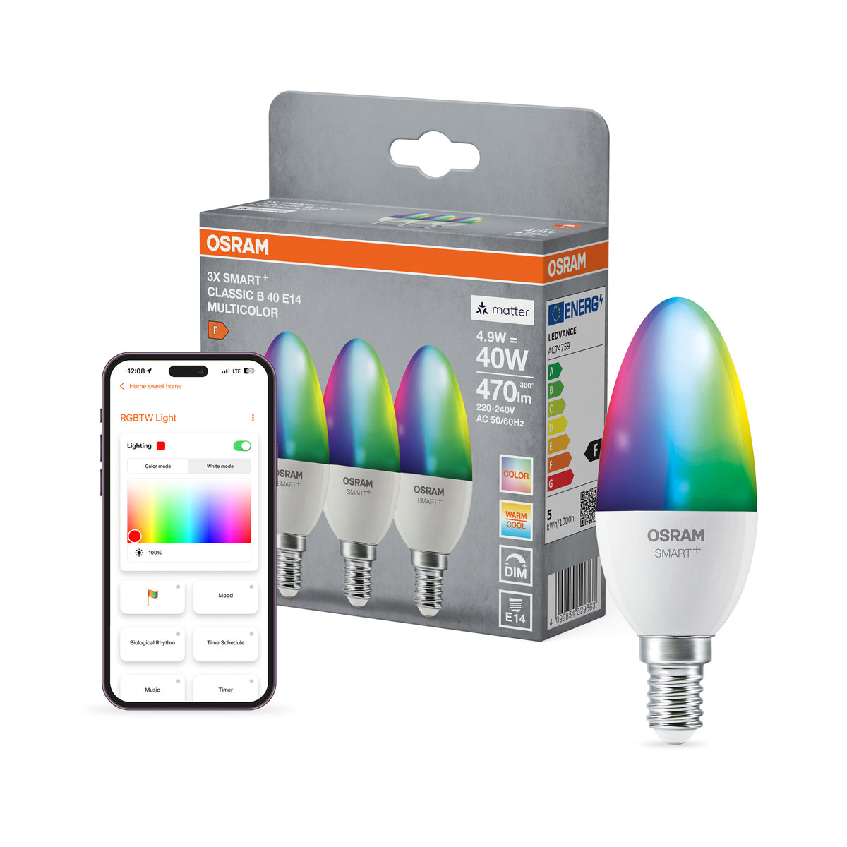 OSRAM SMART+ MATTER Classic shapes Multicolor in B-Form, LED-Lampe, Matt, 4,9 W, 470 lm, von 2700 bis 6500 K, Matter, Smartspeaker-Kompatibel, Dimmbar