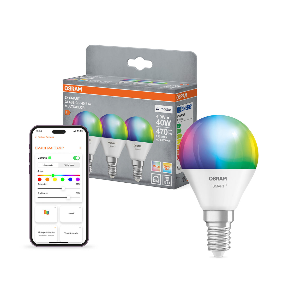 OSRAM SMART+ MATTER Classic shapes Multicolor in P-Form, LED-Lampe, Matt, 4,9 W, 470 lm, von 2700 bis 6500 K, Matter, Smartspeaker-Kompatibel, Dimmbar