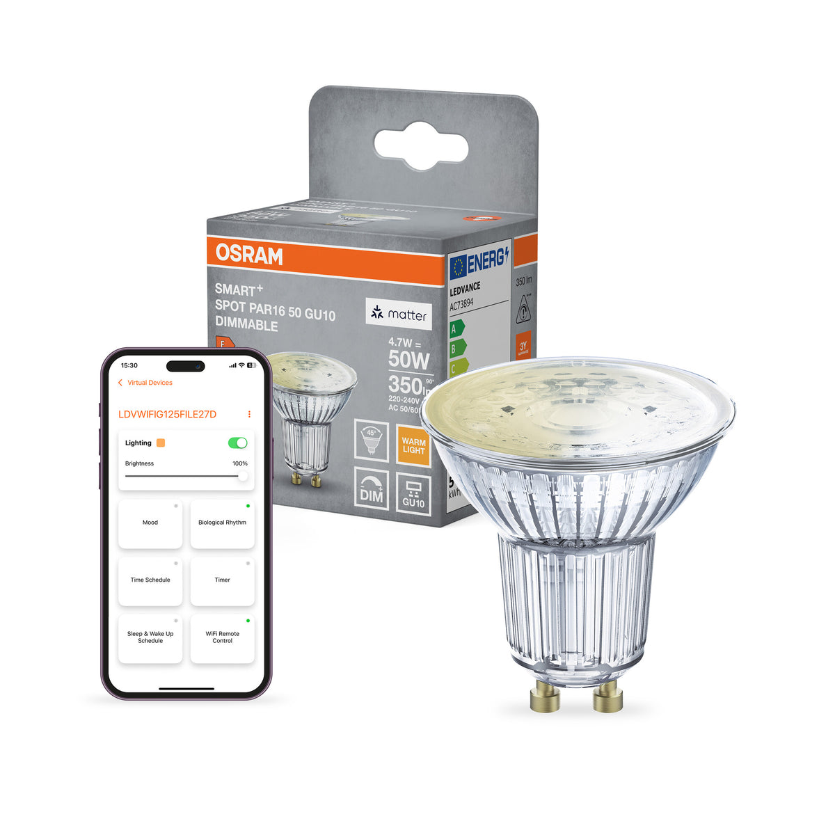 OSRAM SMART+ MATTER Spot Dimmable in PAR16-Form, LED-Spot, Glas, 4,7 W, 350 lm, 2700 K, Matter, Google Assistant, Amazon Alexa, Smartspeaker-Kompatibel, Dimmbar, CRI 80
