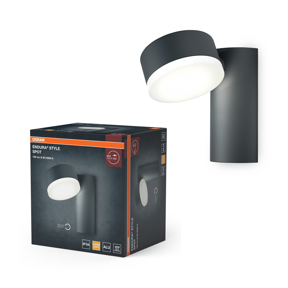 OSRAM ENDURA Style LED-Außenleuchte mit drehbarem Kopf und direktem Licht in Dunkelgrau aus Aluminium, IP44-Schutz, für Terrasse und Balkon