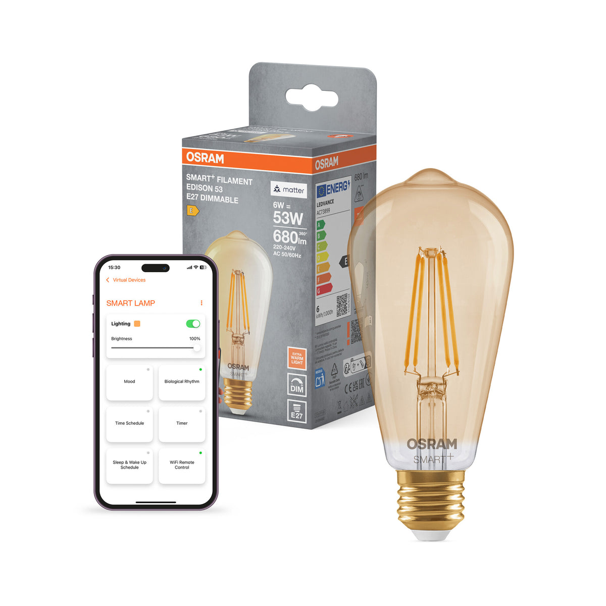 OSRAM SMART+ MATTER Filament Classic shapes Dimmable in Edison-Form, LED-Lampe, Glas, Gold, 6 W, 680 lm, 2400 K, Matter, Smartspeaker-Kompatibel, Dimmbar