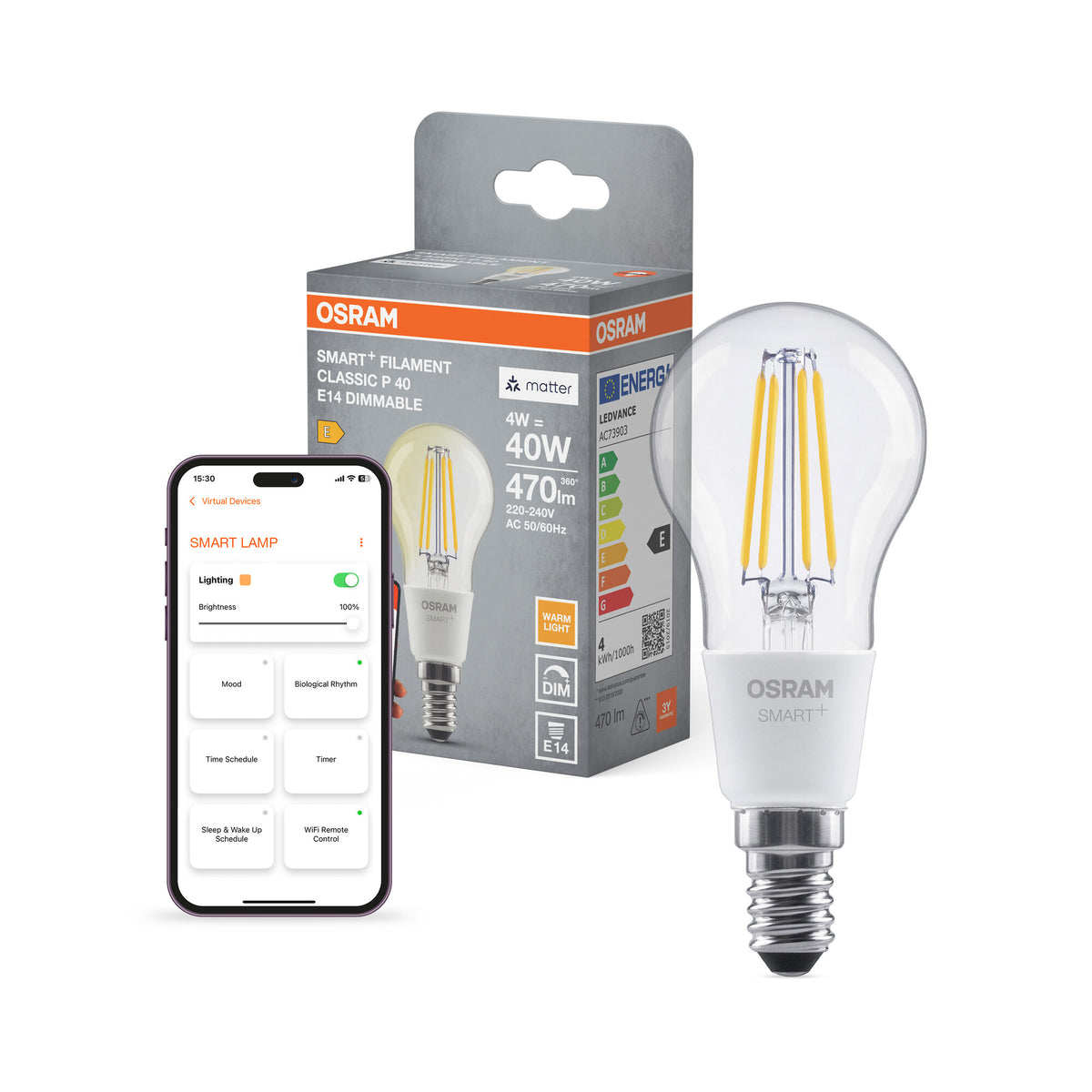 OSRAM SMART+ MATTER Filament Classic shapes Dimmable in P-Form, LED-Lampe, Bleifreies Glas, Klar, 4 W, 470 lm, warmweiß, 2700 K, Matter, Smartspeaker-Kompatibel, Dimmbar