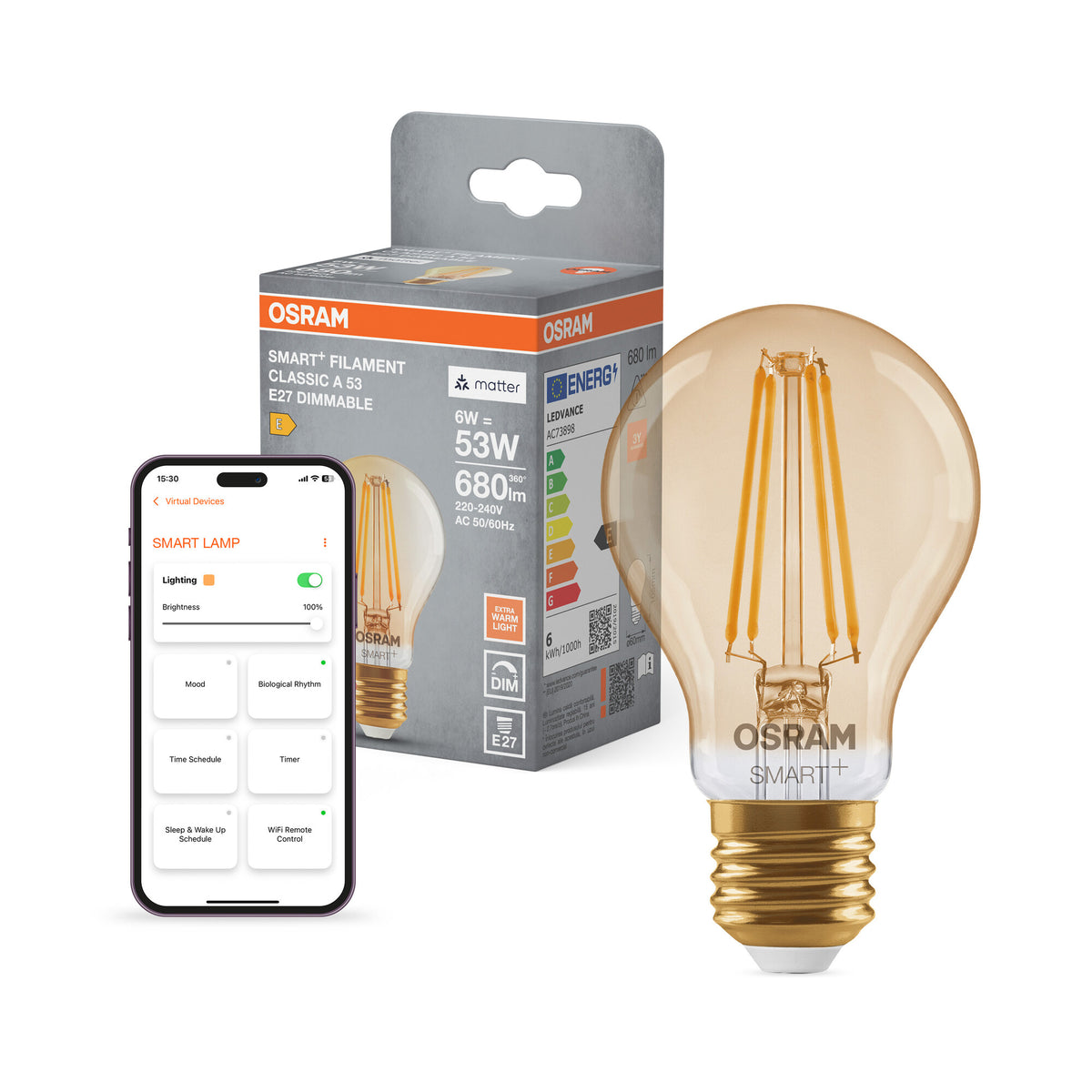 OSRAM SMART+ MATTER Filament Classic shapes Dimmable in A-Form, LED-Lampe, Glas, Gold, 6 W, 680 lm, 2400 K, Matter, Smartspeaker-Kompatibel, Dimmbar