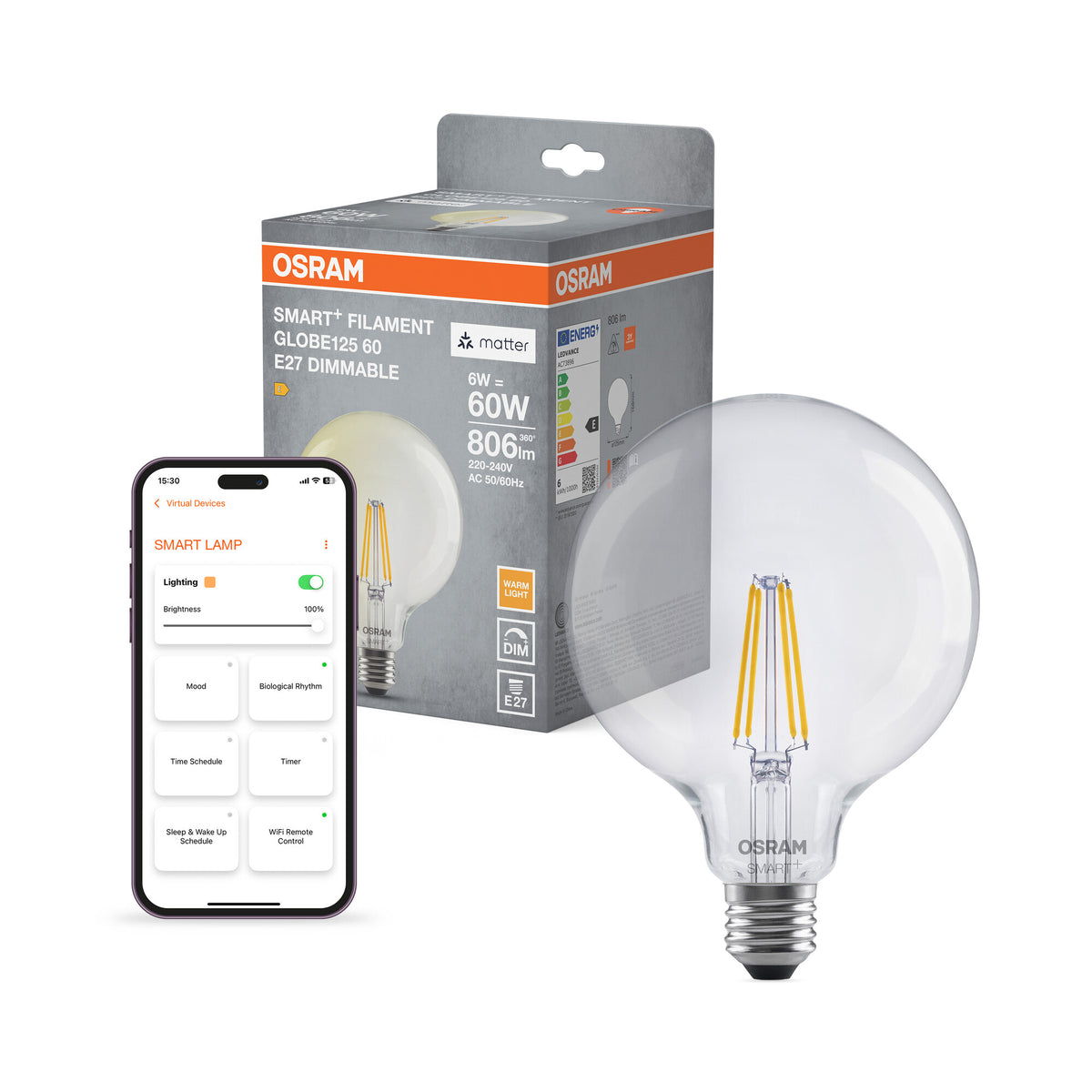OSRAM SMART+ MATTER Filament Classic shapes Dimmable in Globus-Form, LED-Lampe, Glas, klar, 6 W, 806 lm, 2700 K, Matter, Smartspeaker-Kompatibel, Dimmbar