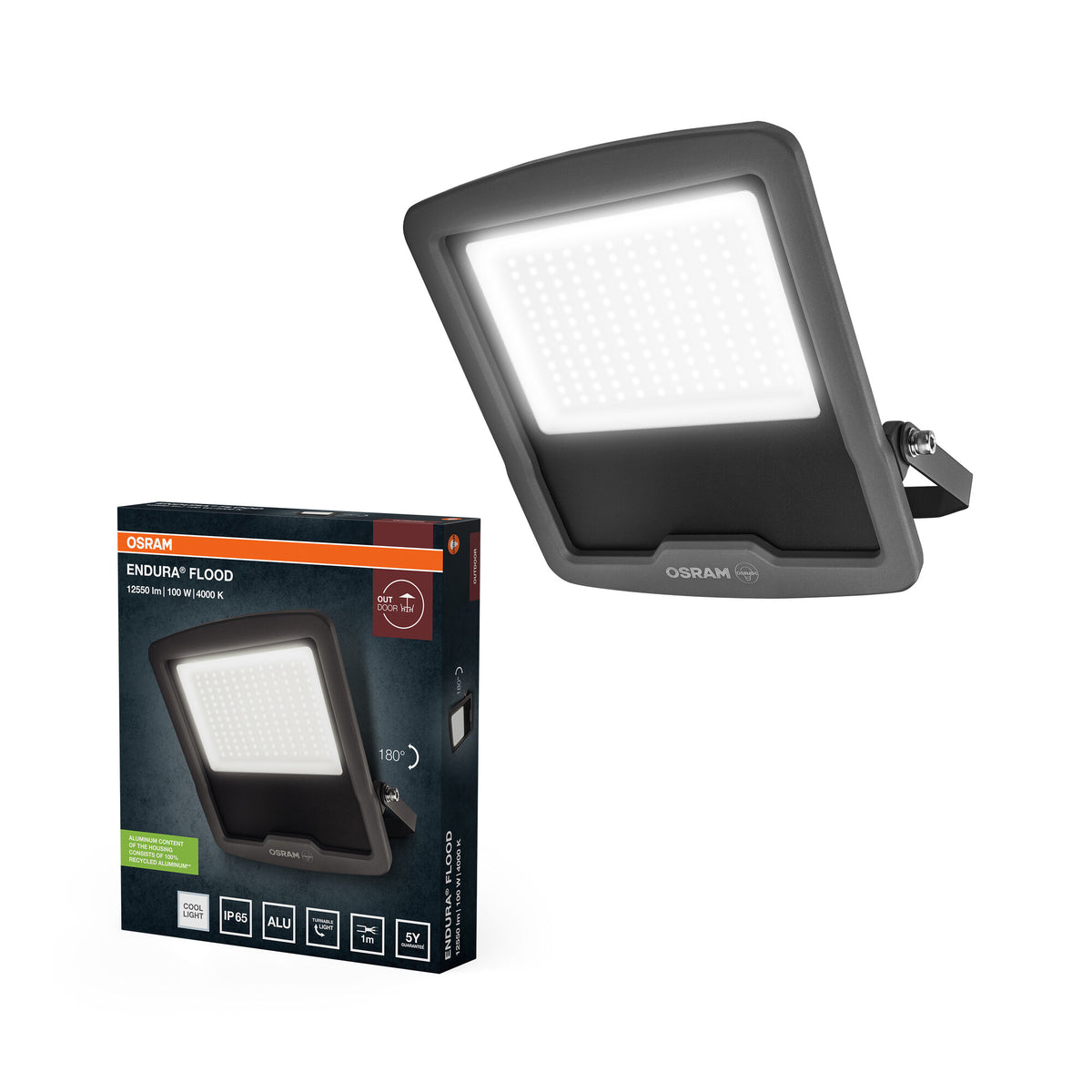 OSRAM ENDURA FLOOD PC 100W LED-Fluter, 4000K kaltweiß, 12000 Lumen, IP65 Flutlicht, recyceltes Aluminium, 120 lm/W Effizienz, Grau, 230V