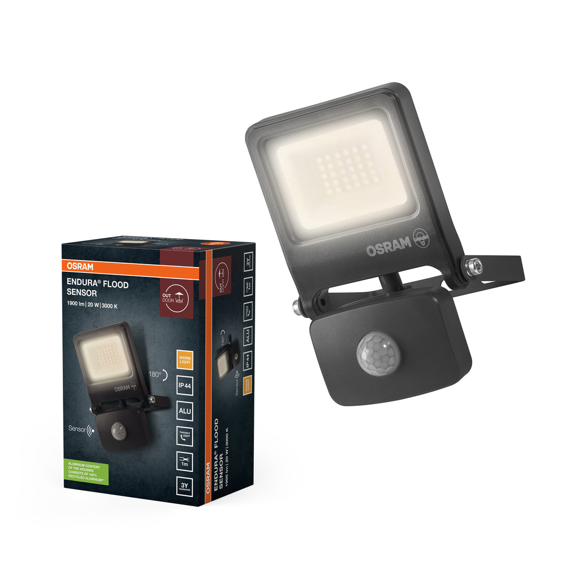 OSRAM ENDURA FLOOD PC 20W LED-Fluter mit Sensor, 3000K warmweiß, 1800 Lumen, IP44 Flutlicht Bewegungserkennung, einstellbar 5s-10min, Grau