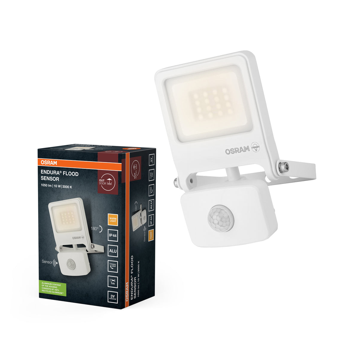 OSRAM ENDURA FLOOD PC 10W LED-Fluter mit Sensor, 3000K warmweiß, 1000 Lumen, IP44 weißes Flutlicht IR-Sensor 9m, Zeit/Lux-Funktion, Weiß