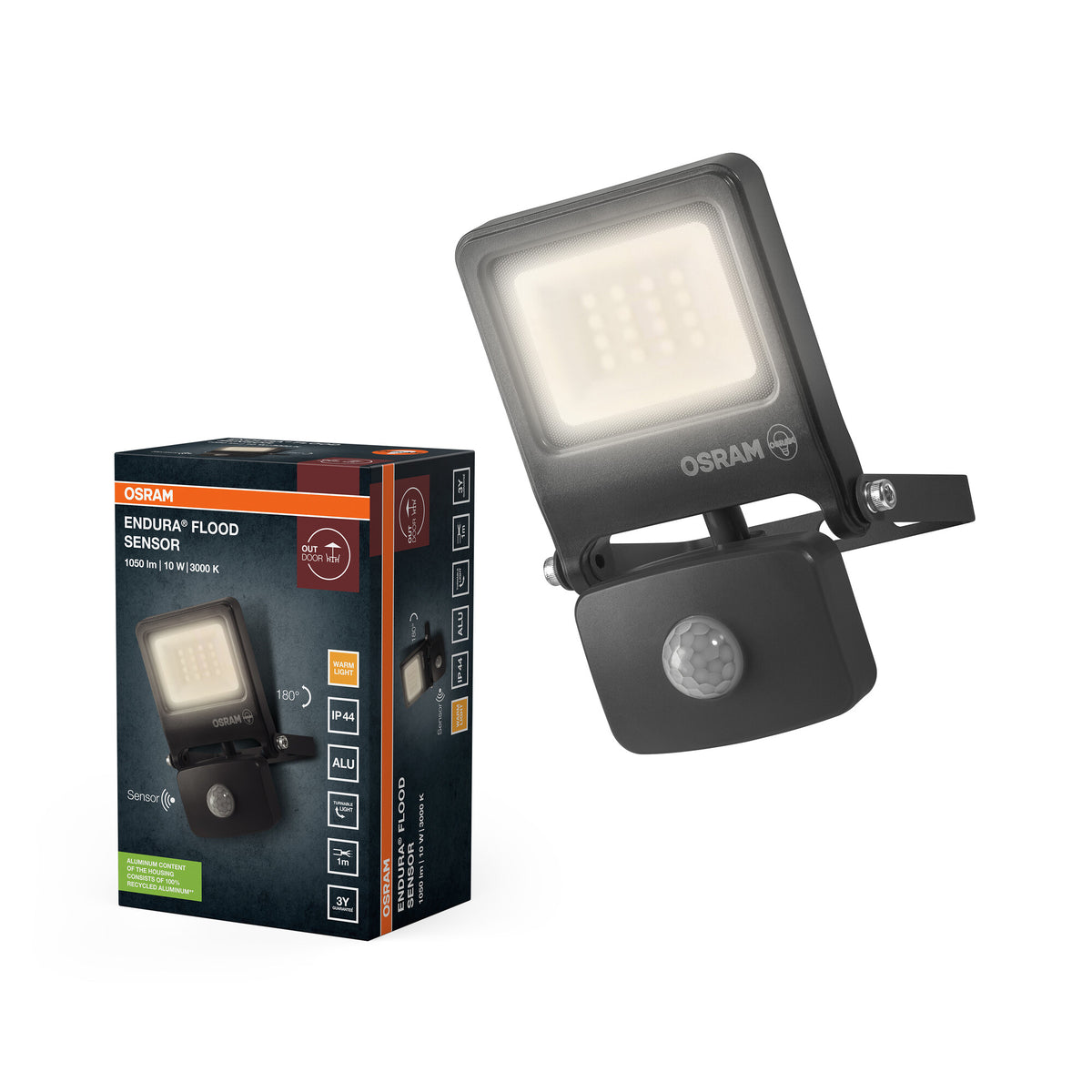 OSRAM ENDURA FLOOD PC 10W LED-Fluter mit Sensor, 3000K warmweiß, 1000 Lumen, IP44 Flutlicht Bewegungsmelder, Dämmerungssensor 2-1000 Lux