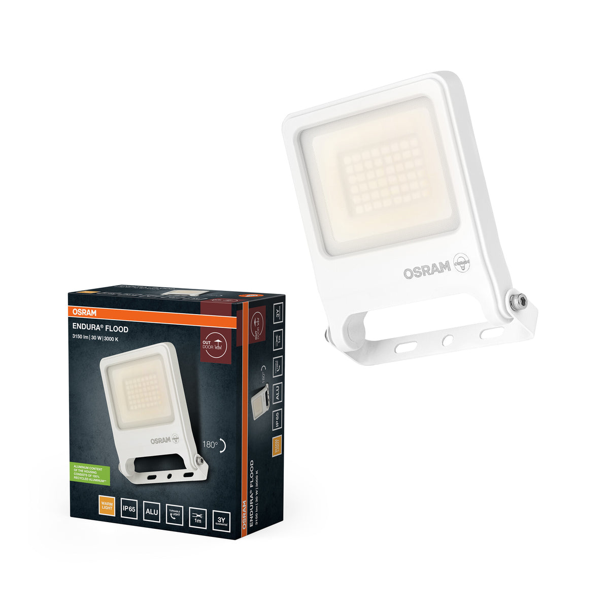 OSRAM ENDURA FLOOD PC 30W LED-Fluter, 3000K warmweiß, 3000 Lumen, IP65 weißes Flutlicht,180° schwenkbar, Weiß