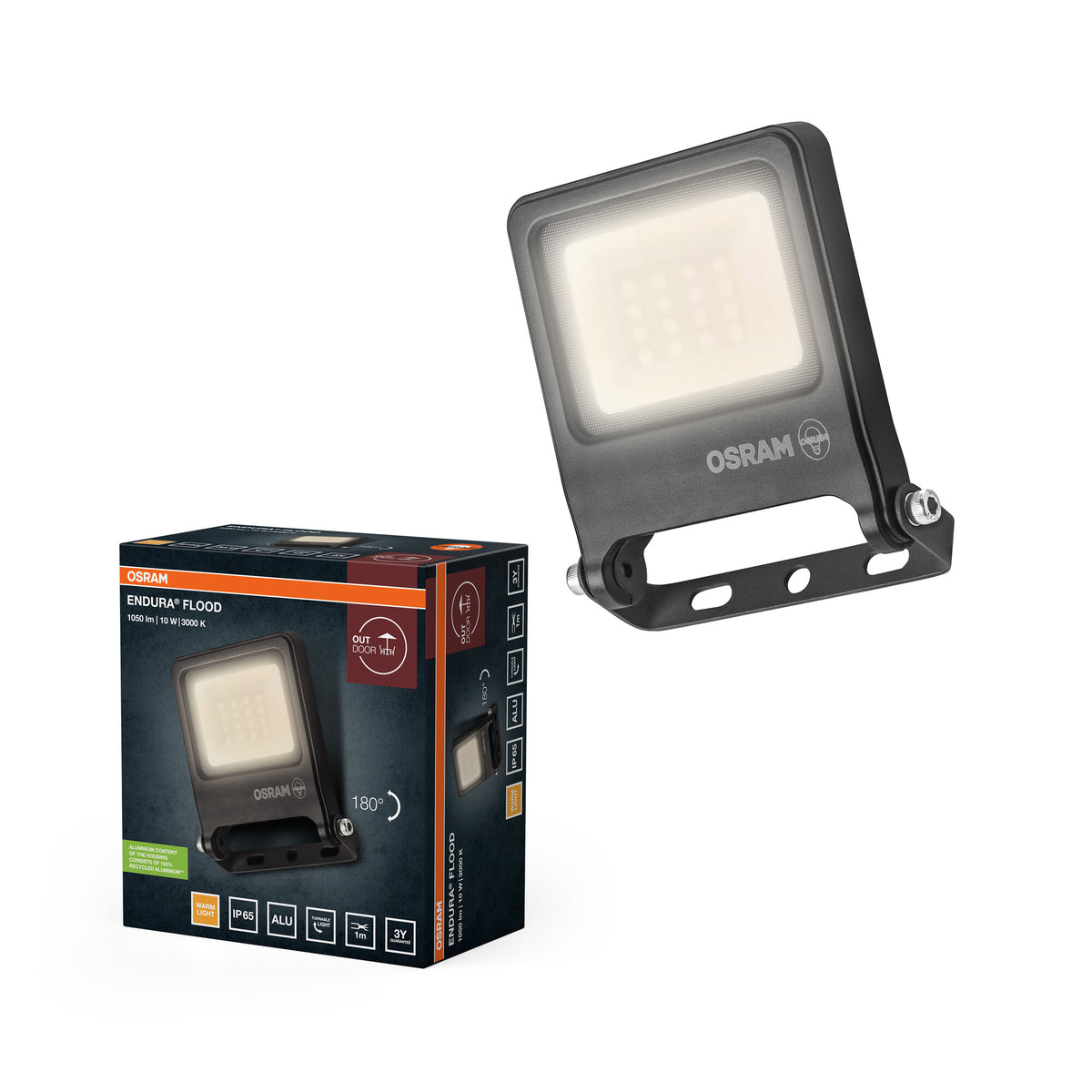 OSRAM ENDURA FLOOD PC 10W LED-Fluter, 3000K warmweiß, 1000 Lumen, IP65 Flutlicht wetterfest, 110° Winkel, Dunkelgrau