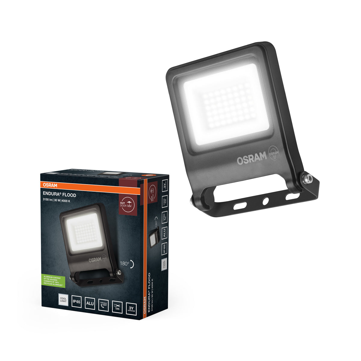OSRAM ENDURA FLOOD PC 30W LED-Fluter, 4000K kaltweiß, 3000 Lumen, IP65 Flutlicht, Montagebügel 180°, 100 lm/W, Grau